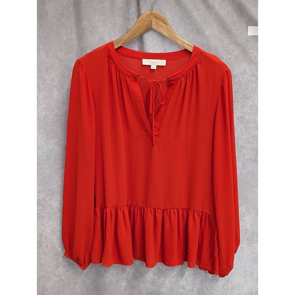 Ann Taylor Top Womens Small Red Long Sleeve Blouse Tie Neck Ruffle Hem Shirt